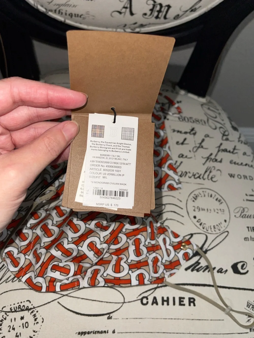 NEW BURBERRY TB Monogram Civilian Mask M/L Orange, White, Brown Sz Med / Large